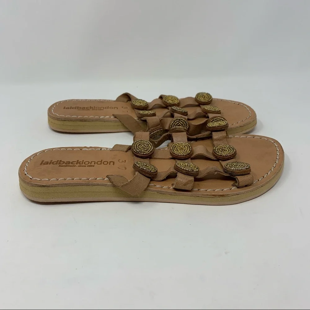 Anthropologie Laid Back London Handmade Leather Beaded Tan Gold Sandal Size 6